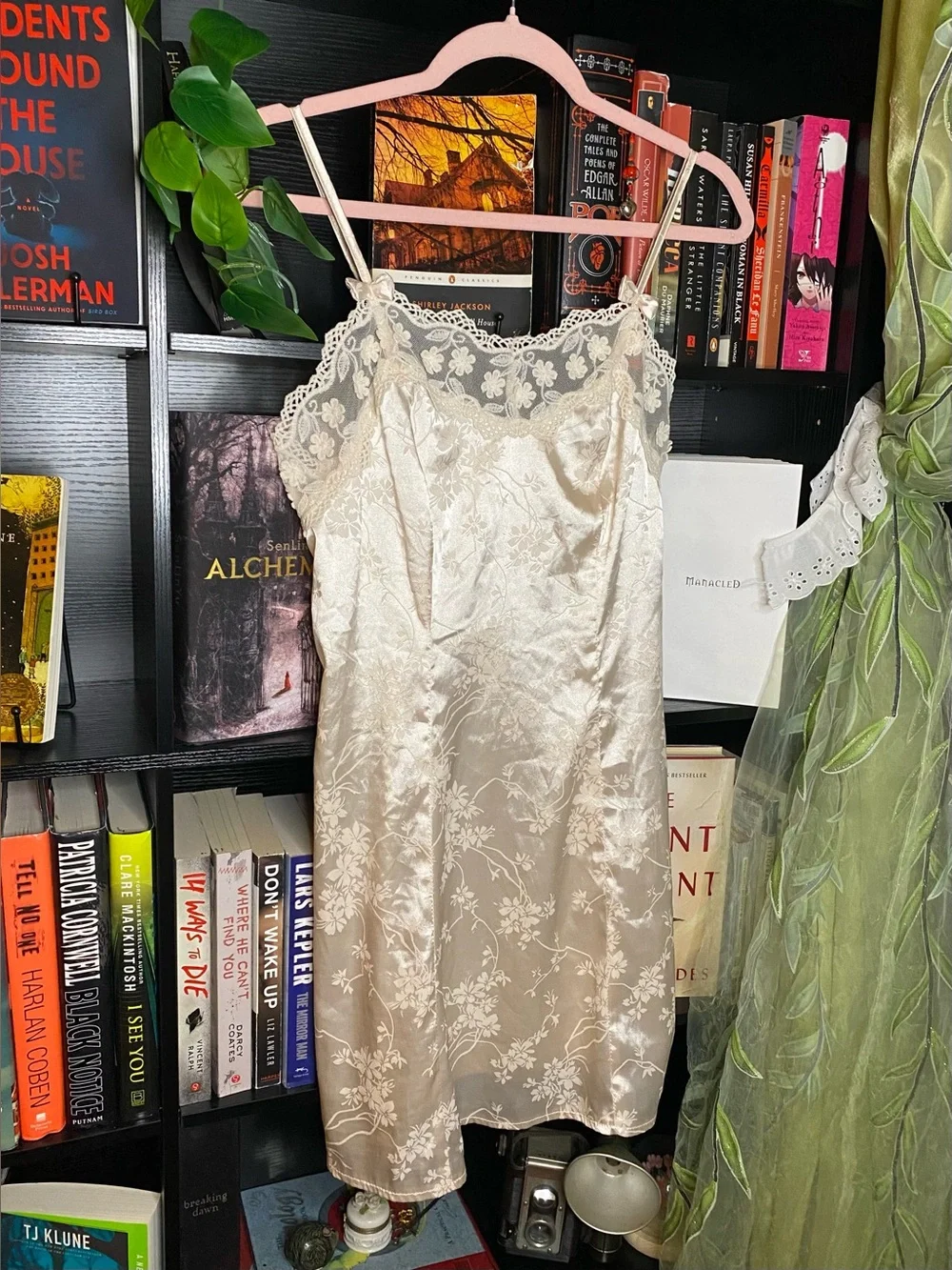 Elegant Cottagecore Cream Satin Floral Embellished Lace Crochet Trim Slip Dress